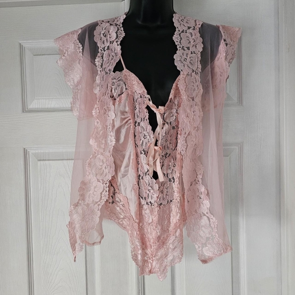 Vintage 80s coquette soft pink lace teddy with matching robe - Picture 4 of 8